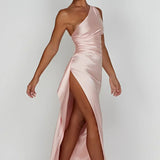 Robe Longue Asymétrique Satinée à Fente