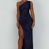 Robe Longue Asymétrique Satinée à Fente