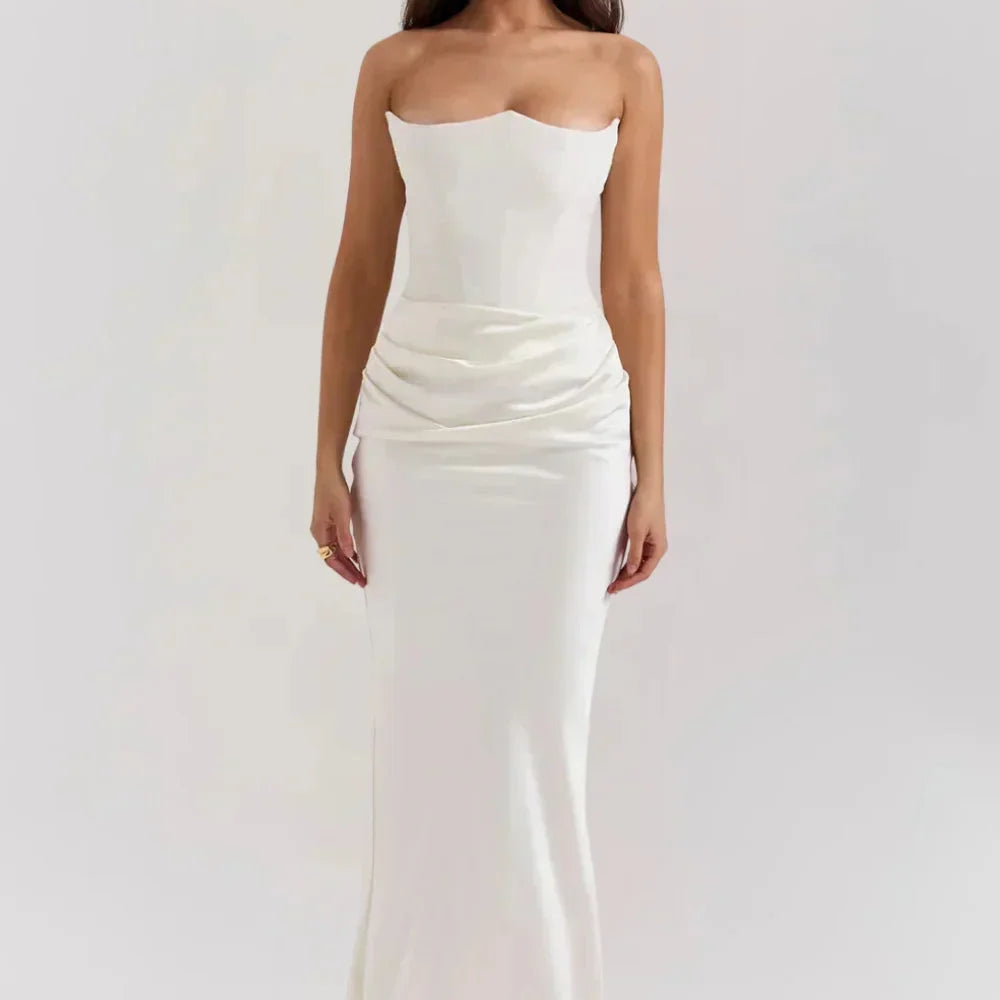 Robe Longue Satinée Bustier Drapée
