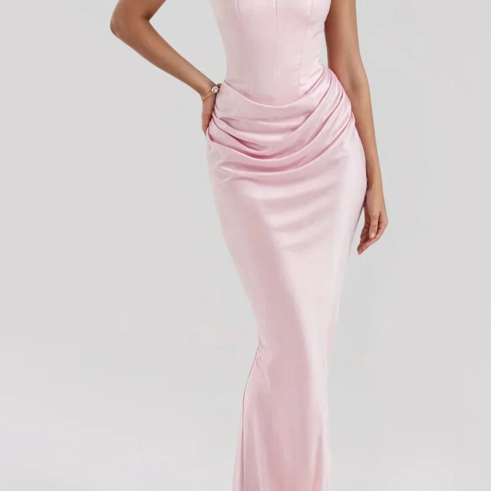 Robe Longue Satinée Bustier Drapée