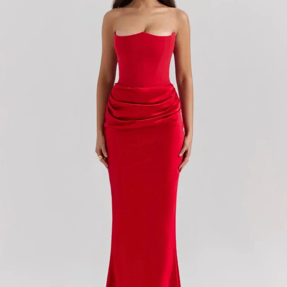 Robe Longue Satinée Bustier Drapée