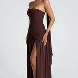 Robe Longue Bustier Drapée à Fente Haute