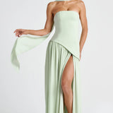 Robe Longue Bustier Drapée à Fente Haute