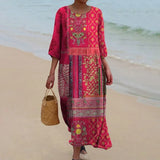 Robe Midi Imprimée à Manches Trois-Quarts
