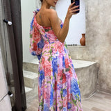 Robe Longue Fleurie à Épaule Dénudée