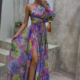 Robe Longue Fleurie à Épaule Dénudée