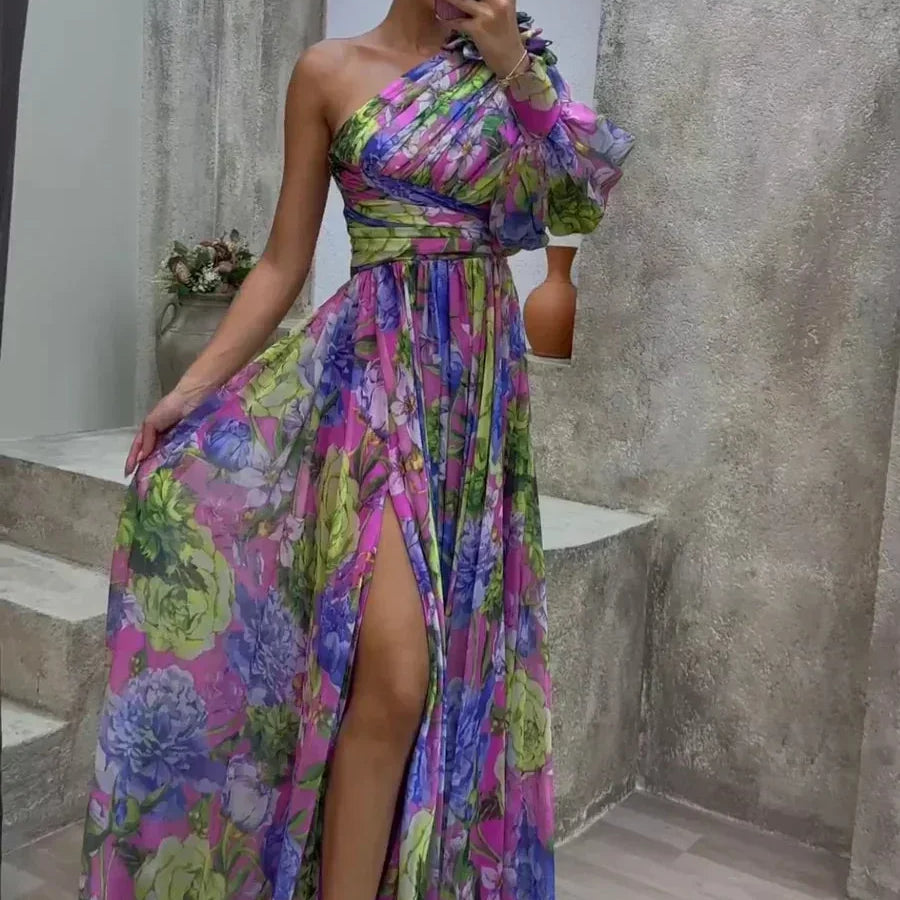 Robe Longue Fleurie à Épaule Dénudée