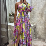 Robe Longue Fleurie à Épaule Dénudée
