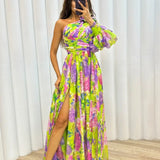 Robe Longue Fleurie à Épaule Dénudée