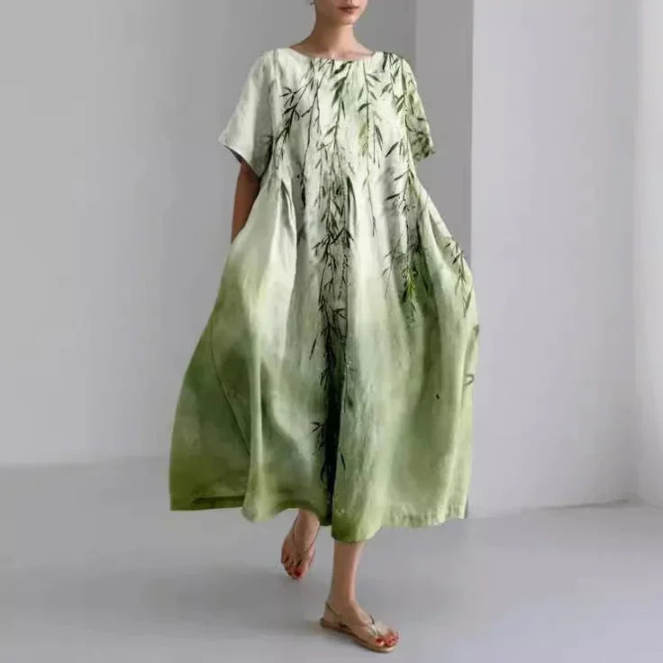 Robe Longue Fleurie à Manches Courtes