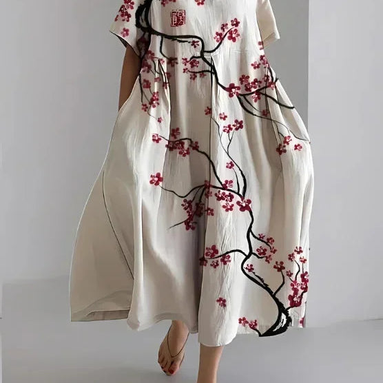 Robe Longue Fleurie à Manches Courtes