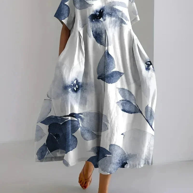 Robe Longue Fleurie à Manches Courtes
