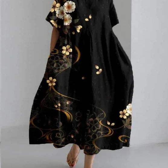 Robe Longue Fleurie à Manches Courtes
