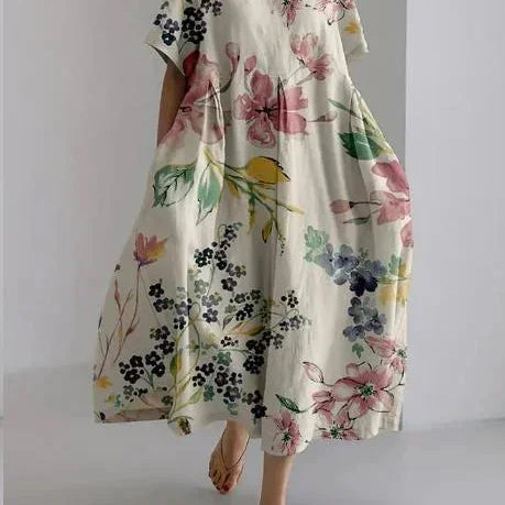 Robe Longue Fleurie à Manches Courtes