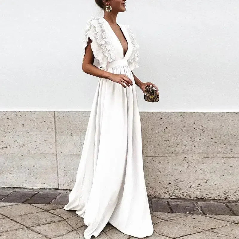 Robe Longue à Volants et Col V
