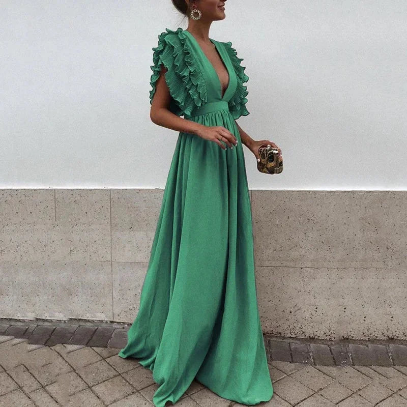 Robe Longue à Volants et Col V