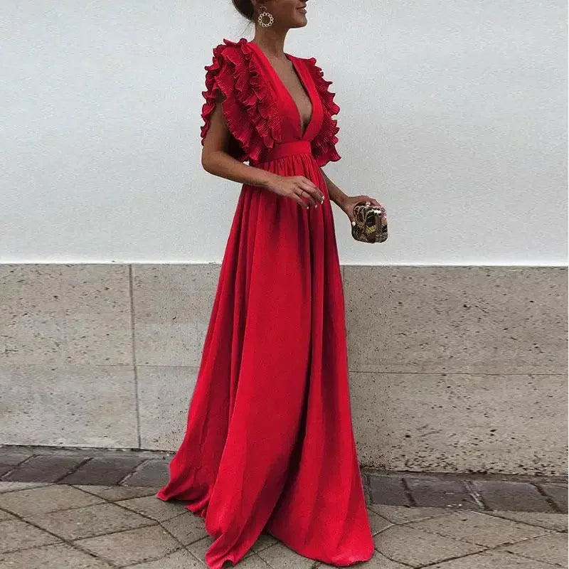 Robe Longue à Volants et Col V