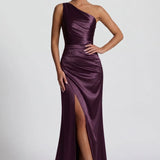 Robe Longue Satinée Asymétrique à Fente