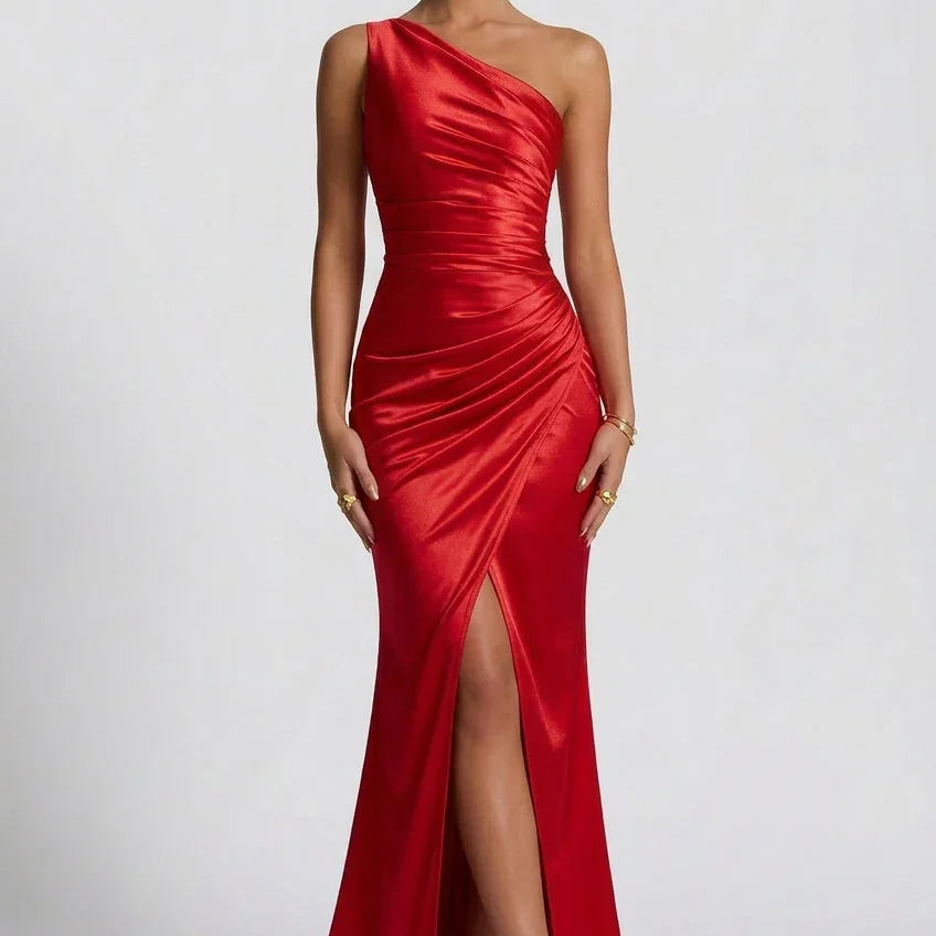 Robe Longue Satinée Asymétrique à Fente