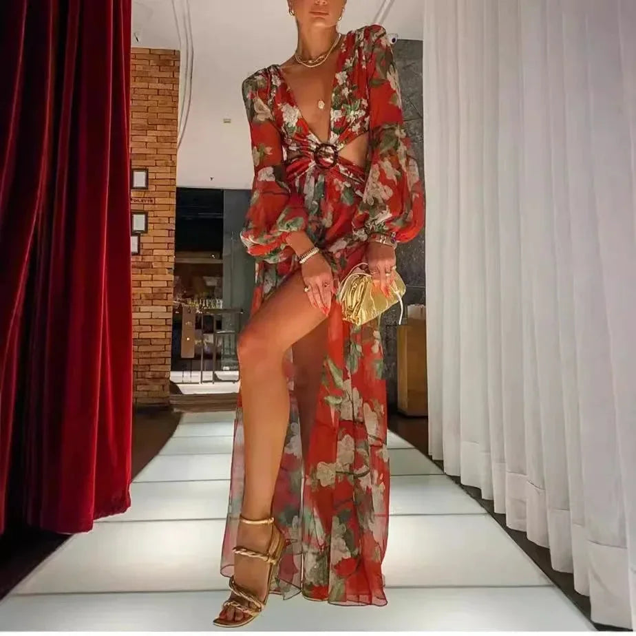 Robe Longue Fleurie à Col V