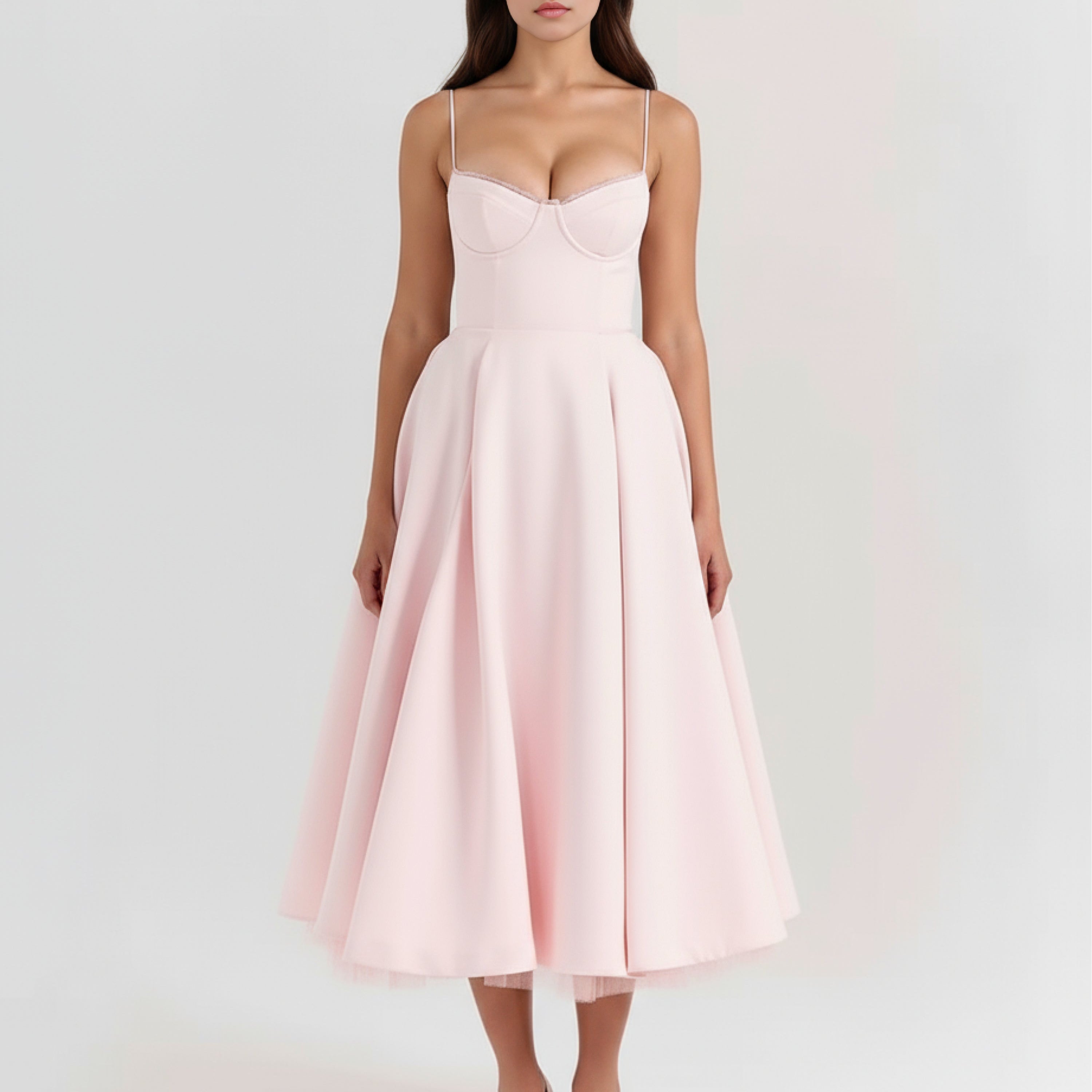 Robe Midi Évasée à Bretelles Fines