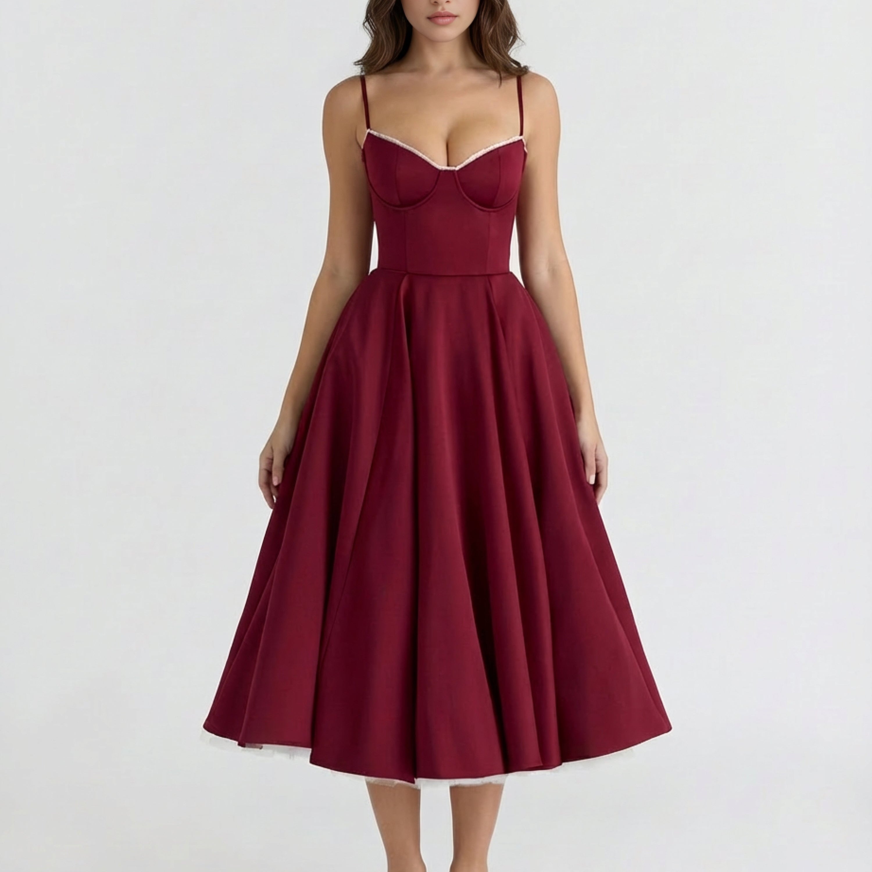 Robe Midi Évasée à Bretelles Fines