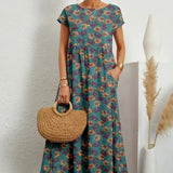 Robe Midi Imprimée à Manches Courtes