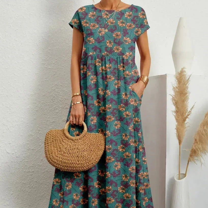Robe Midi Imprimée à Manches Courtes