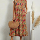 Robe Midi Imprimée à Manches Courtes