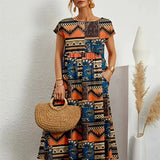 Robe Midi Imprimée à Manches Courtes