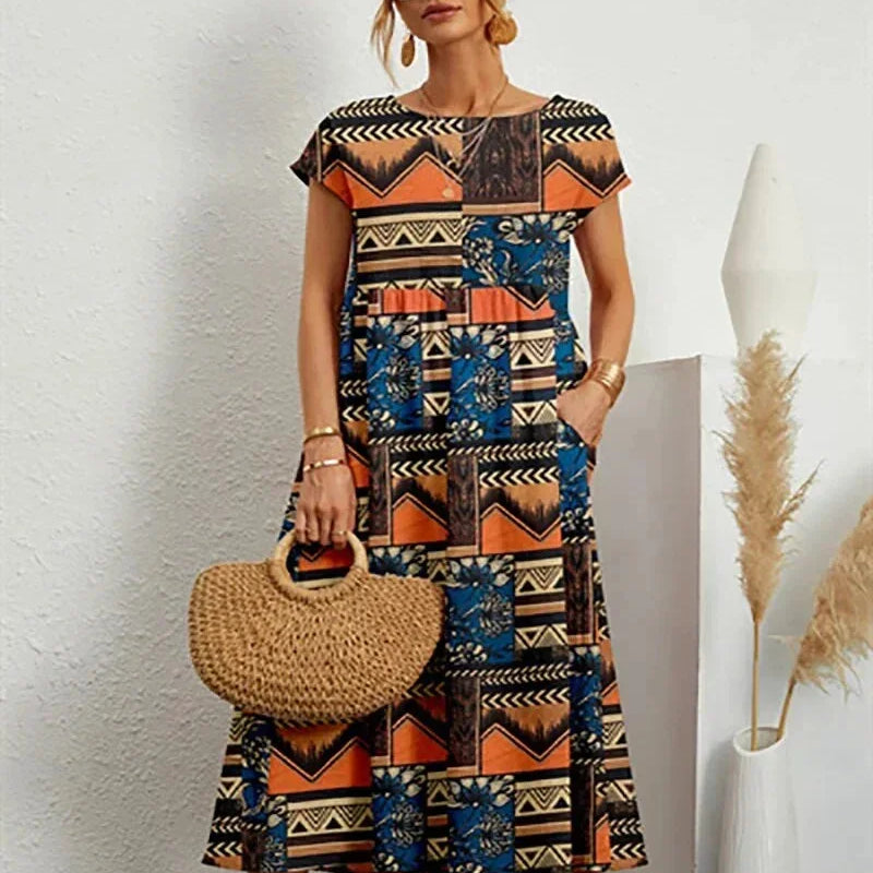 Robe Midi Imprimée à Manches Courtes