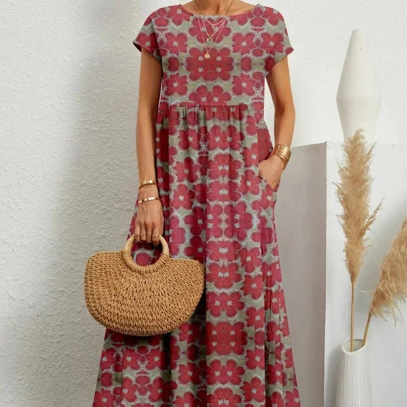 Robe Midi Imprimée à Manches Courtes