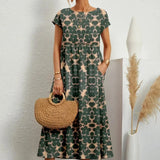 Robe Midi Imprimée à Manches Courtes