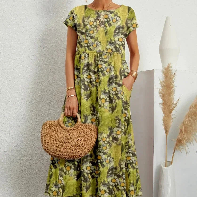 Robe Midi Imprimée à Manches Courtes
