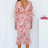 Robe Midi Fleurie à Manches Longues
