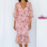 Robe Midi Fleurie à Manches Longues