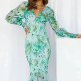 Robe Midi Fleurie à Manches Longues
