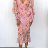 Robe Midi Fleurie à Manches Longues