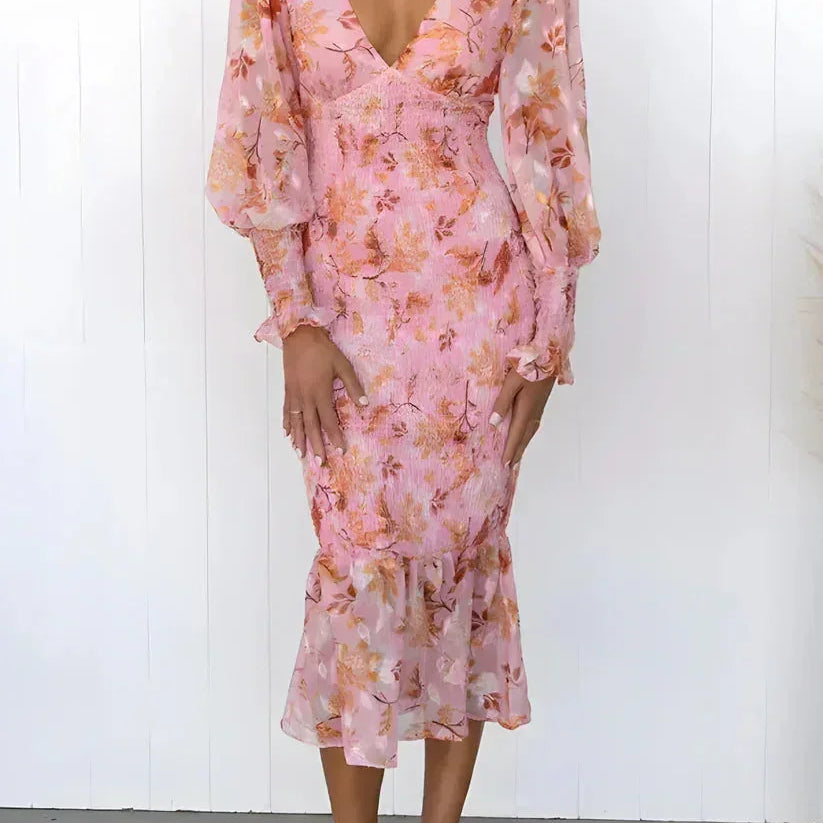Robe Midi Fleurie à Manches Longues