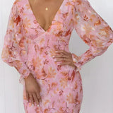 Robe Midi Fleurie à Manches Longues