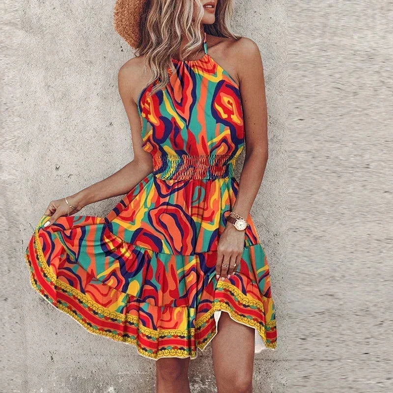 Robe Courte Fleurie à Col Montant