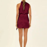 Robe Courte Satinée à Col Drapé