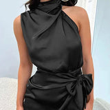 Robe Courte Satinée à Col Drapé
