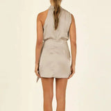 Robe Courte Satinée à Col Drapé