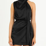 Robe Courte Satinée à Col Drapé