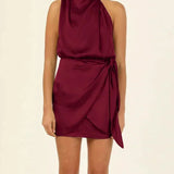 Robe Courte Satinée à Col Drapé