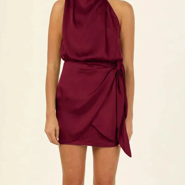 Robe Courte Satinée à Col Drapé