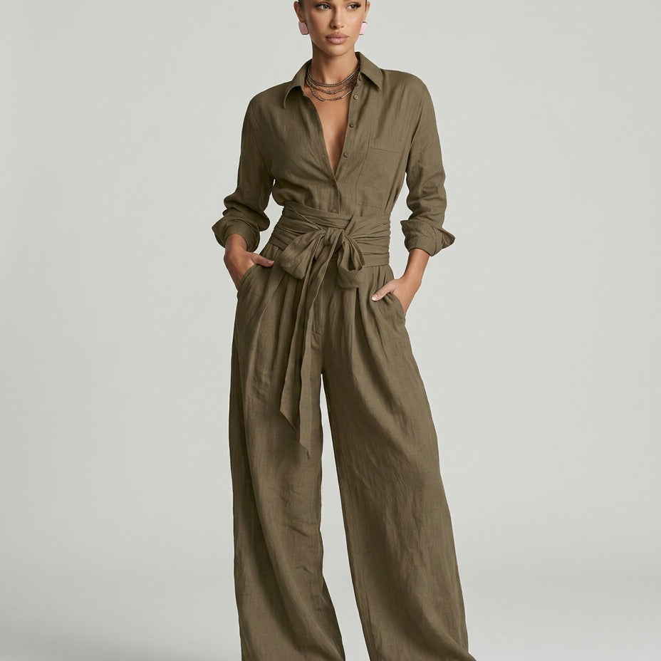 Combinaison femme en lin et coton avec ceinture