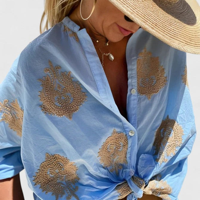 Chemise Imprimée à Motifs Végétaux et Manches Longues