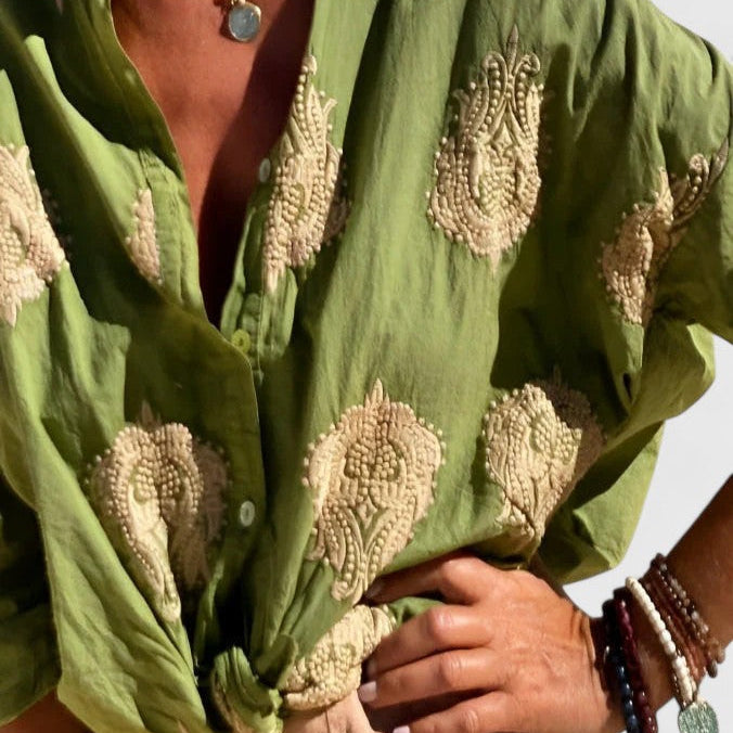 Chemise Imprimée à Motifs Végétaux et Manches Longues